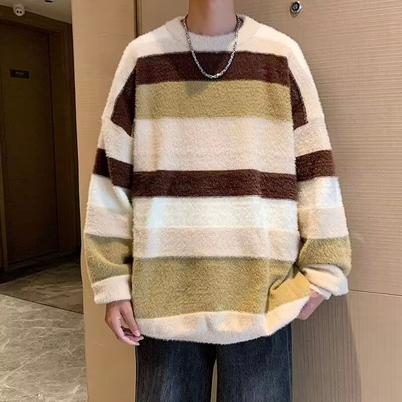 New mink striped sweater men's winter thick contrasting color autumn and winter couple lazy style round neck knitted sweater_voghion.com