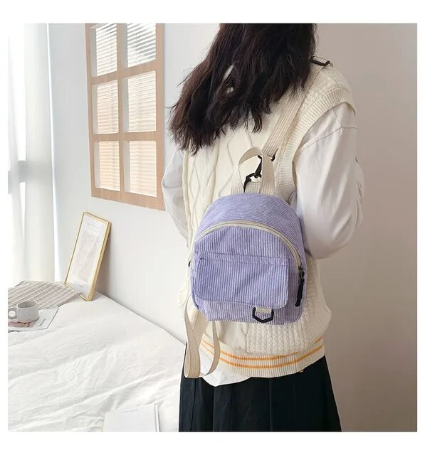 Mini zaino da donna alla moda Zaini piccoli in velluto a coste tinta unita Zaini da viaggio per studenti semplici e casual_voghion.com