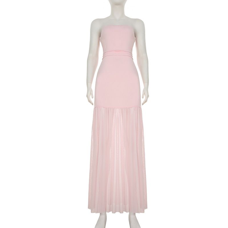 Pure Desire, sexy trägerloses Kleid mit einer Schulter aus Netzstoff, feminines Temperament, hohe Taille, schmale Passform, Schlitz, hüftbetont lang_voghion.com