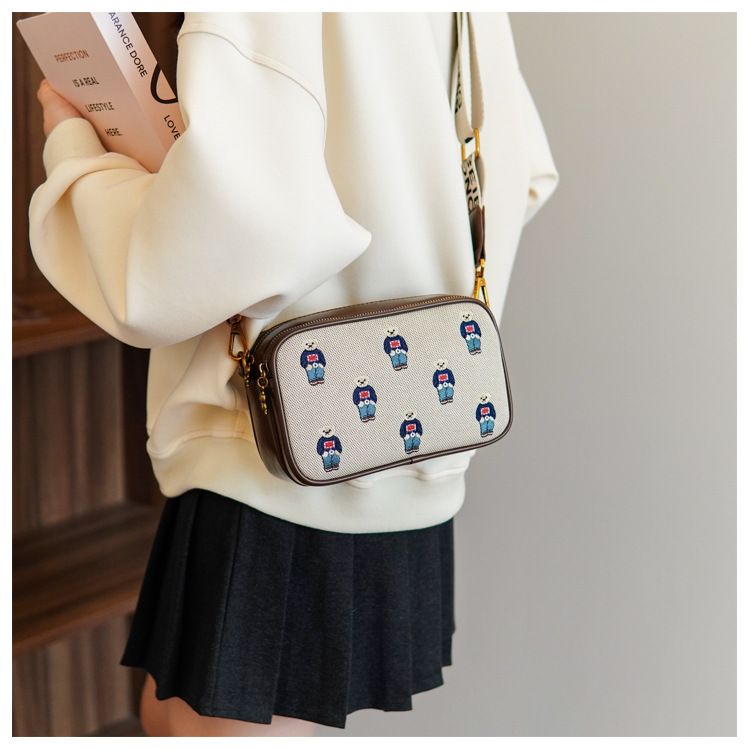 Borsa a tracolla, vera tracolla larga in tela ricamata e pelle, piccola borsa quadrata monospalla, grande capacità._voghion.com
