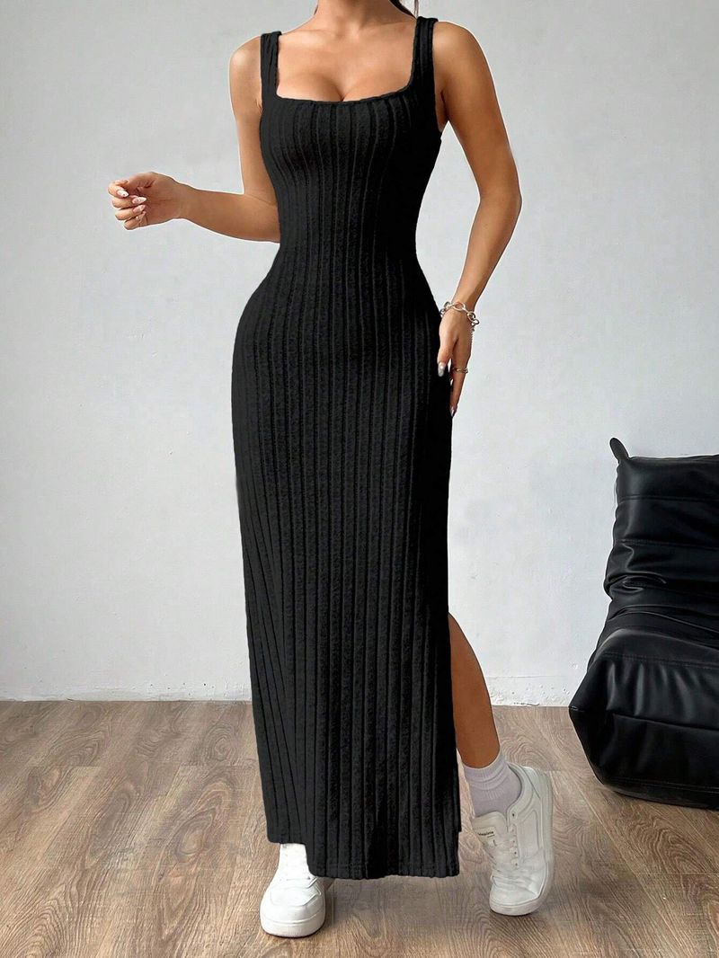 Gonna lunga con bretelle da donna, alla moda, senza maniche, aderente, in maglia, a righe verticali_voghion.com