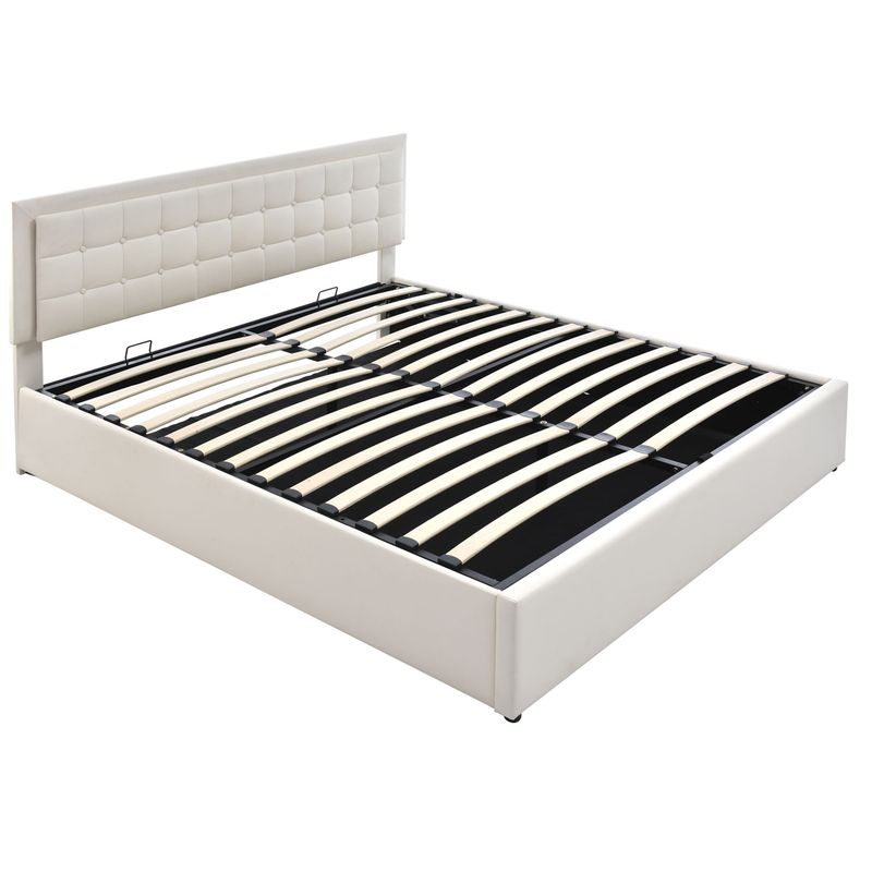 Lit double 140 x 200 cm avec sommier à lattes et rangements, avec bande lumineuse LED, cadre de lit rembourré en similicuir blanc._voghion.com