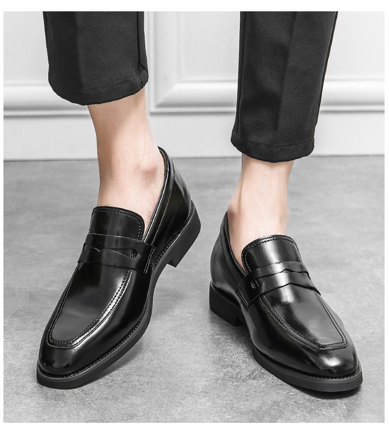 Fashionable casual Inner height increasing leather shoes men's outer wear slip-on business lazy shoes retro solid color pointed single-layer shoes_voghion.com