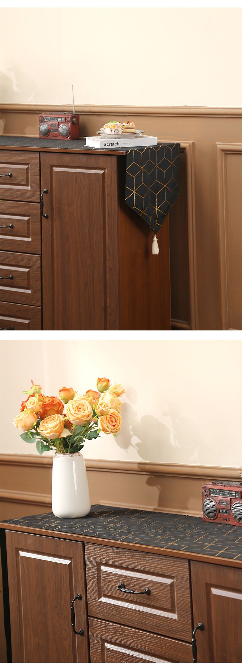 Bestickter Tischläufer – Goldfolie und Blumenstickerei, dekorativer Läufer für Couchtisch, Esstisch und Sideboard_voghion.com
