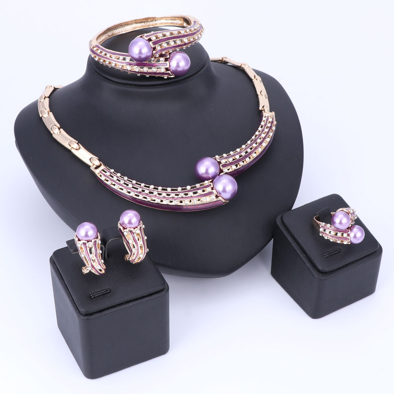 Collar de perlas simuladas de cristal para dama de honor de boda para mujer, pendientes colgantes, brazalete, anillo, conjunto de joyería para disfraz de fiesta_voghion.com
