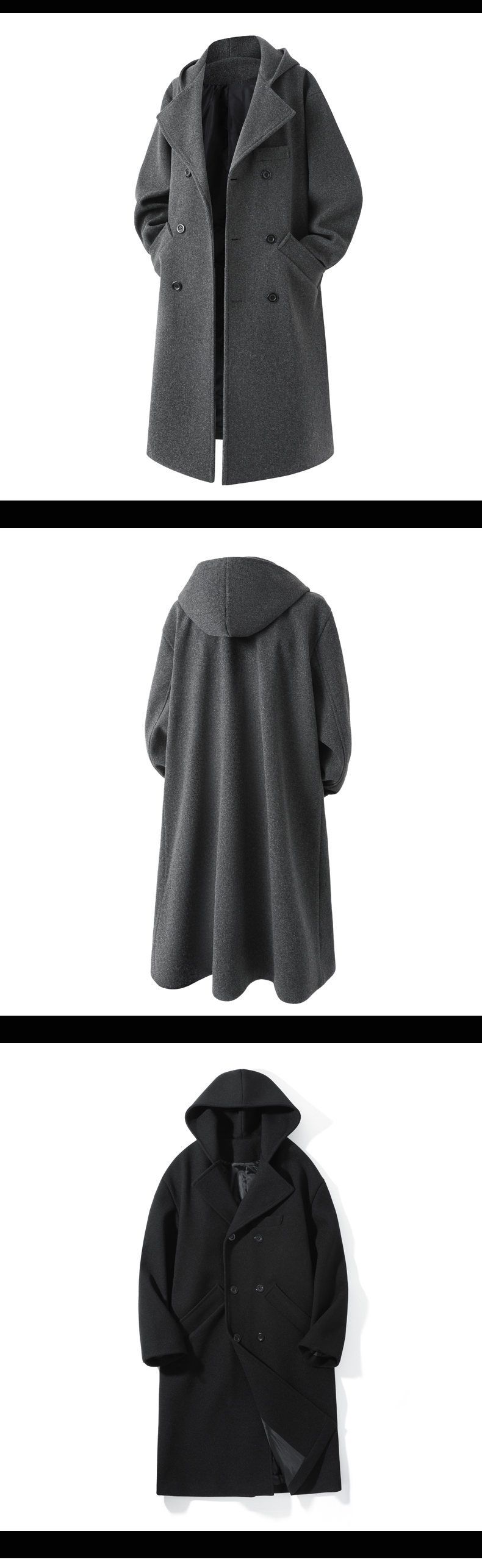 Zweireihiger Herrenmantel aus Wollmischung – Mittellanger Windbreaker mit Kapuze, wintertauglich und stylisch (Schwarz, Dunkelgrau)_voghion.com