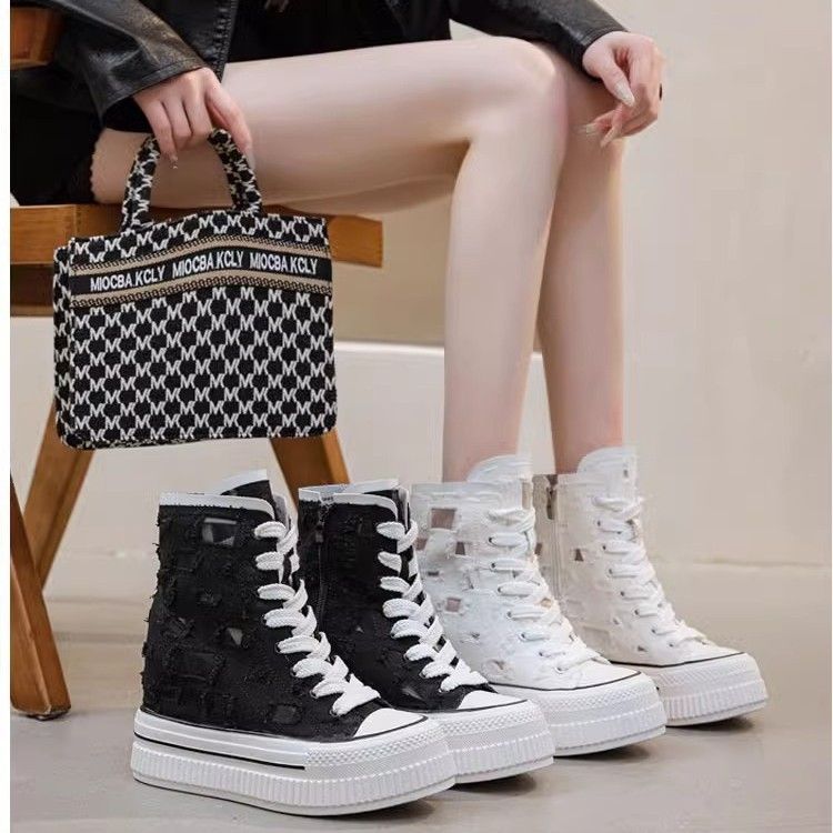 Fashion Leather Soft Bottom Thick Bottom Heightening Canvas Shoes Women's 2025 Spring And Summer New Season Mesh Breathable Hole Shoes_voghion.com