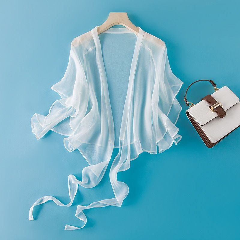 Koreanischer Stil: Neuer kurzer Mantel/Schal, Damen-Top/Cardigan, klein, zum Binden, Sommer, ärmellos, locker, aus echter Maulbeerseide_voghion.com