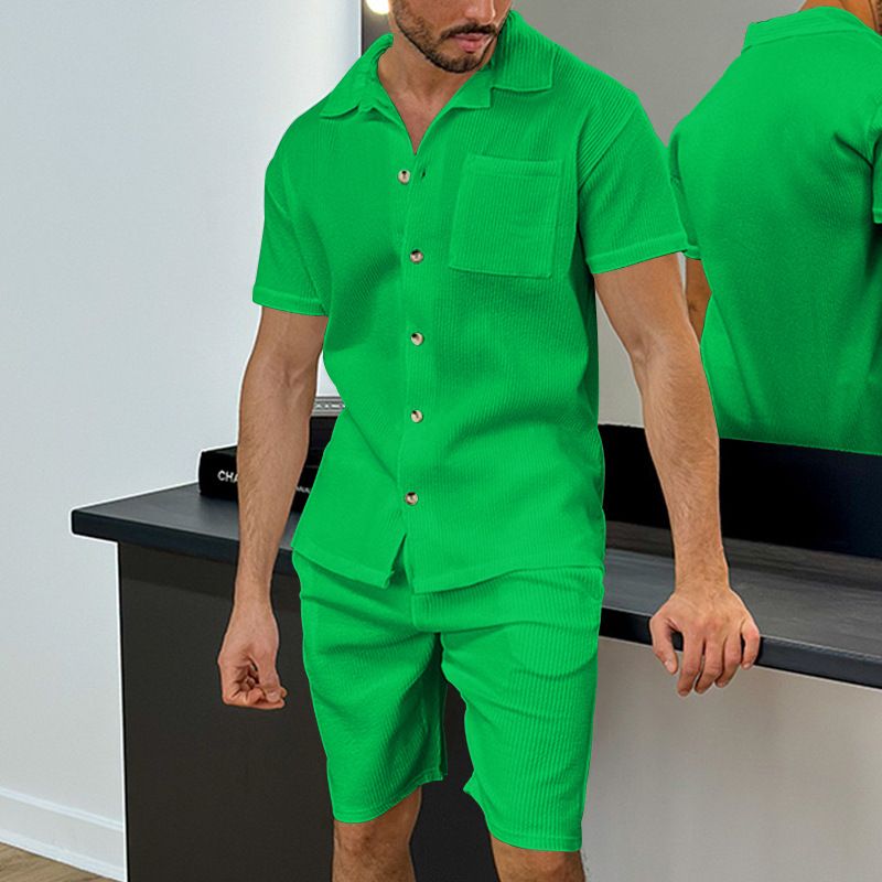 2024 Sommer Strickjacke Revers Kurzarm Shorts Casual Arbeit Vielseitig herren 2-teiliges Set_voghion.com