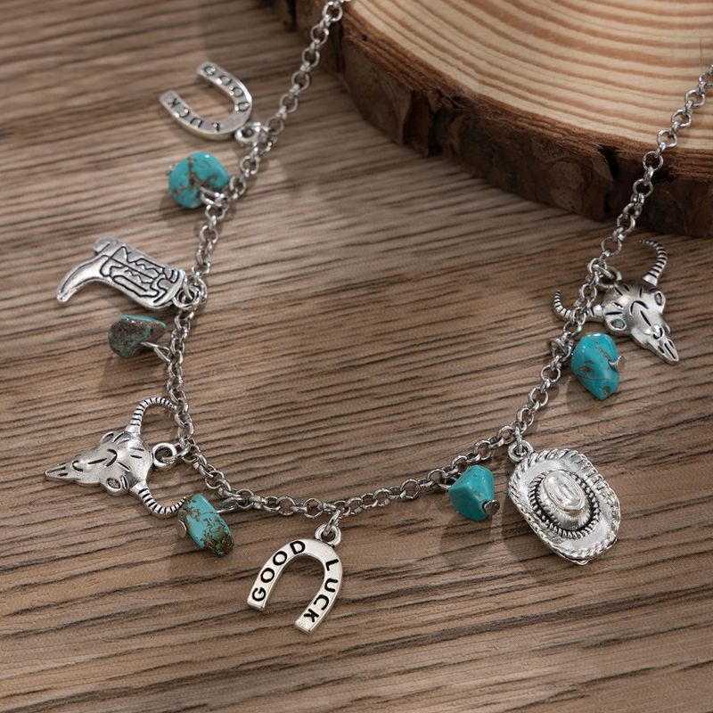 Cappello da cowboy in stile western, collana multistrato turchese per donna, collana versatile con piatto di fiori retrò_voghion.com