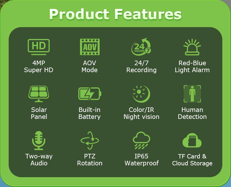 Icsee Low Power Solar Surveillance Camera 4MP Color Infrared Night Vision Wireless Wifi PTZ Camera_voghion.com