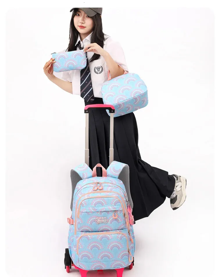 Rullväskor för flickor Ryggsäck Barn Vattentäta ryggsäckar med hjul Middle School Trolley Lage Back Pack 240314_voghion.com