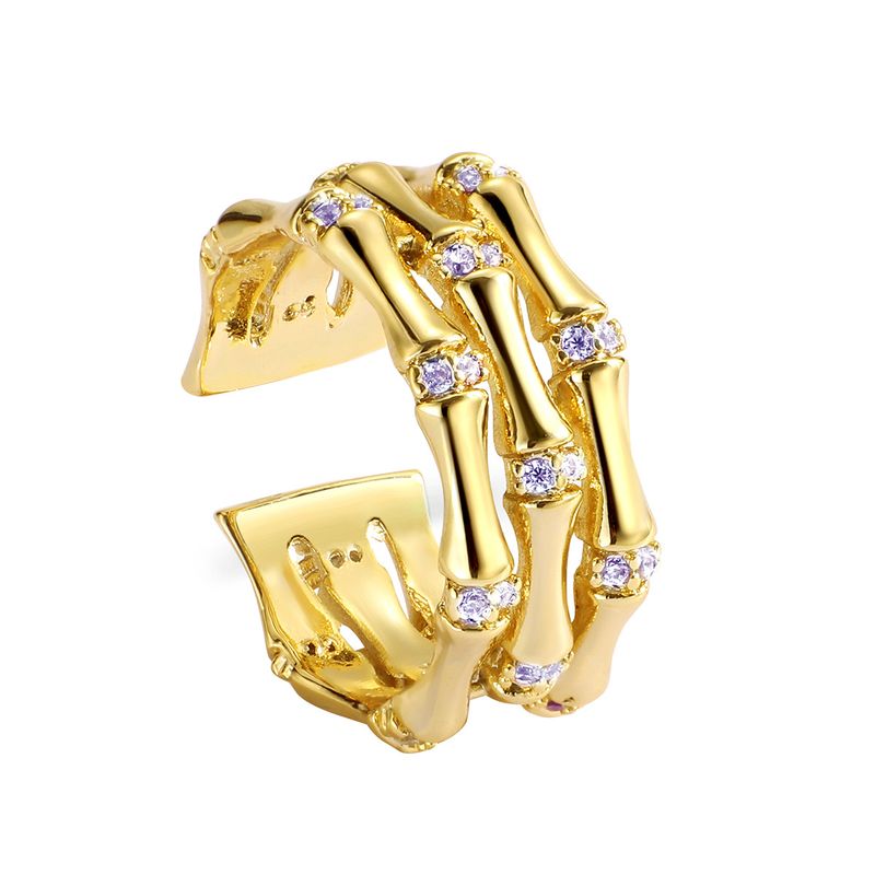R0089 Anello da donna con nodo di bambù a tre strati, design aperto e zircone placcato oro, per indice_voghion.com