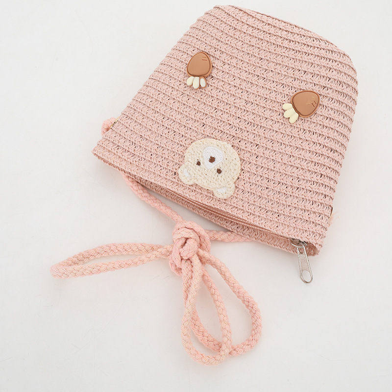 Little Fresh Gewelltes Stroh-Set für Kinder, Sommer, Mädchen, Reise, Cartoon-Muster, Strand, Sonnenschirm, Hut, Tasche_voghion.com
