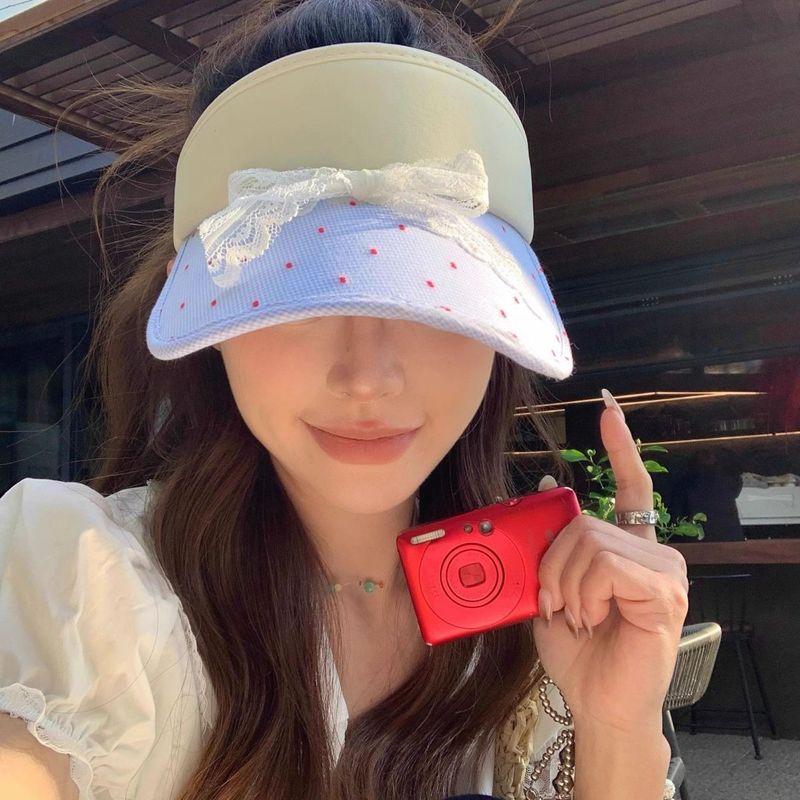 Korean Version Ins Sweet Bow Polka Dot Duck Tongue Visor Women's Summer Sunscreen Empty Top Hat Big Head Circumference Hat Tide_voghion.com