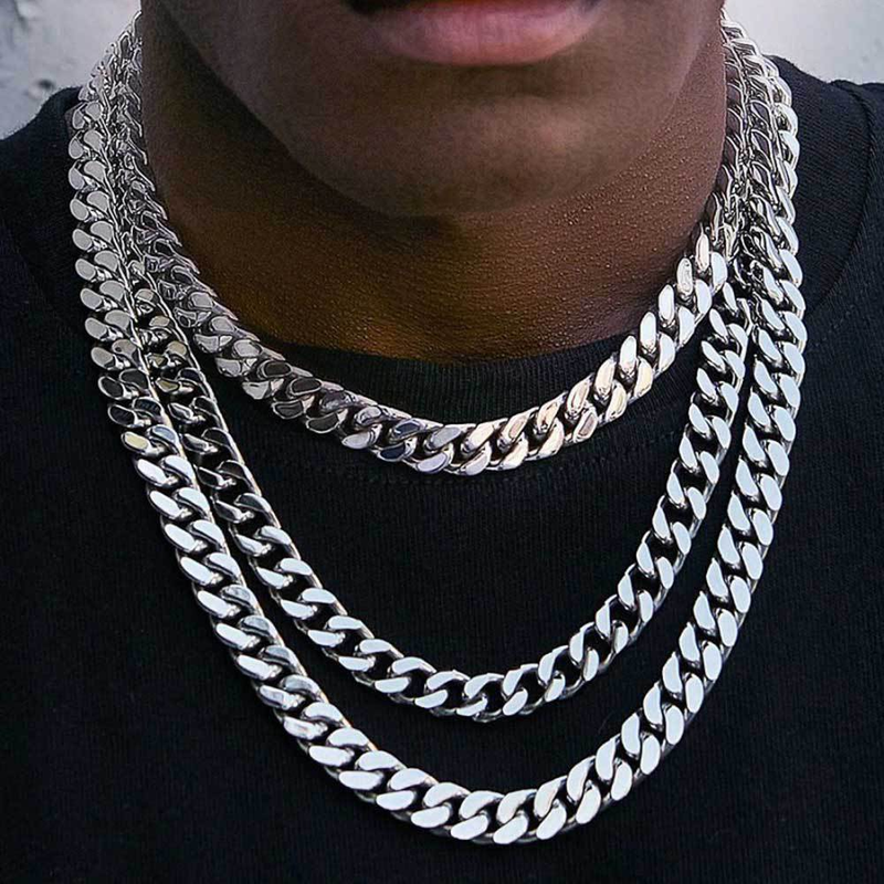 Men's Jewelry Stainless Steel Smooth Buckle Encryption Four Sided Grinding Cuban Necklace Real Gold Electroplating Hip Hop Titanium Steel_voghion.com