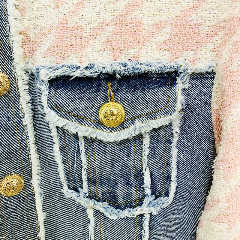 Chaqueta de uniforme de béisbol con borde suelto y empalme de mezclilla para mujer + conjunto de dos piezas de traje de falda_voghion.com