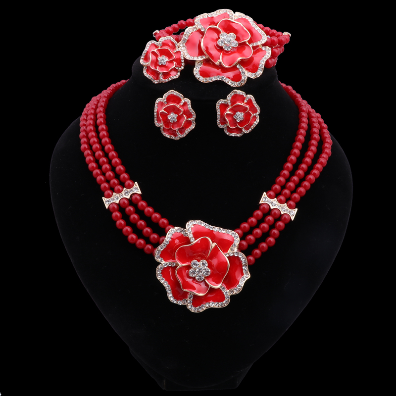 Donne Dubai color oro cristallo imitazione perla perline africane collana bracciale orecchino anello set di gioielli sauditi da sposa_voghion.com