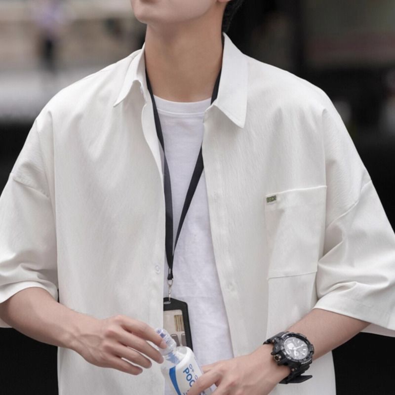 Short Black Ice Silk Thin Trendy Brand Casual Shirt Men Loose Jacket Summer Half Sleeve_voghion.com