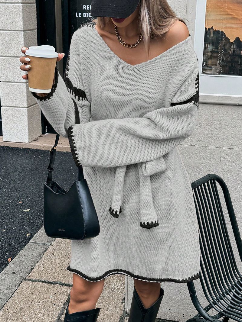 Robe en maille oversize à col en V et ceinture ajustable – Robe longue bohème à manches longues pour l'automne_voghion.com