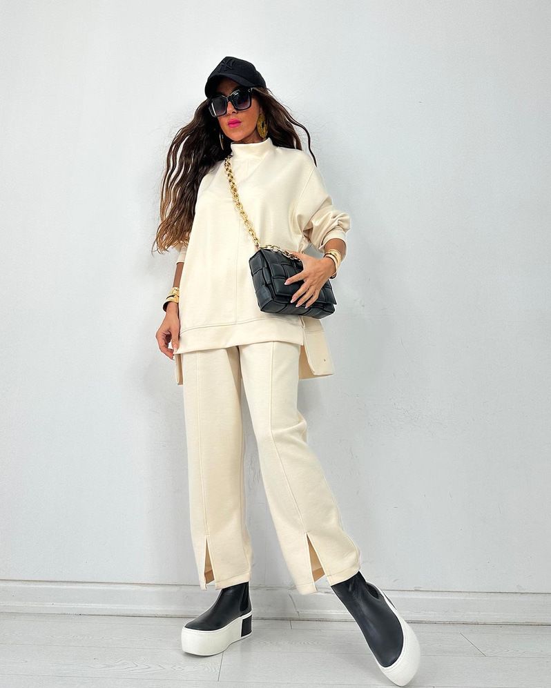 Dameskleding Herfst Winter Casual Loungeset Lange Mouwen Hoge Split Broek Tweedelige Outfit - Effen Kleur Comfortabel Joggingpak Voor Werk & Vrije Tijd_voghion.com