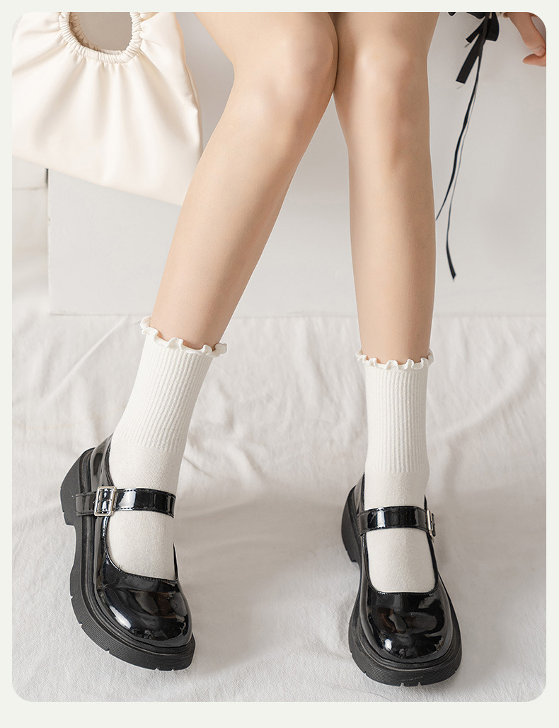 Ruffle Socks for Women 5pair /Lot Mid Crew Middles Tube Ankle High Breathable Black White Calcetines Female Spring_voghion.com
