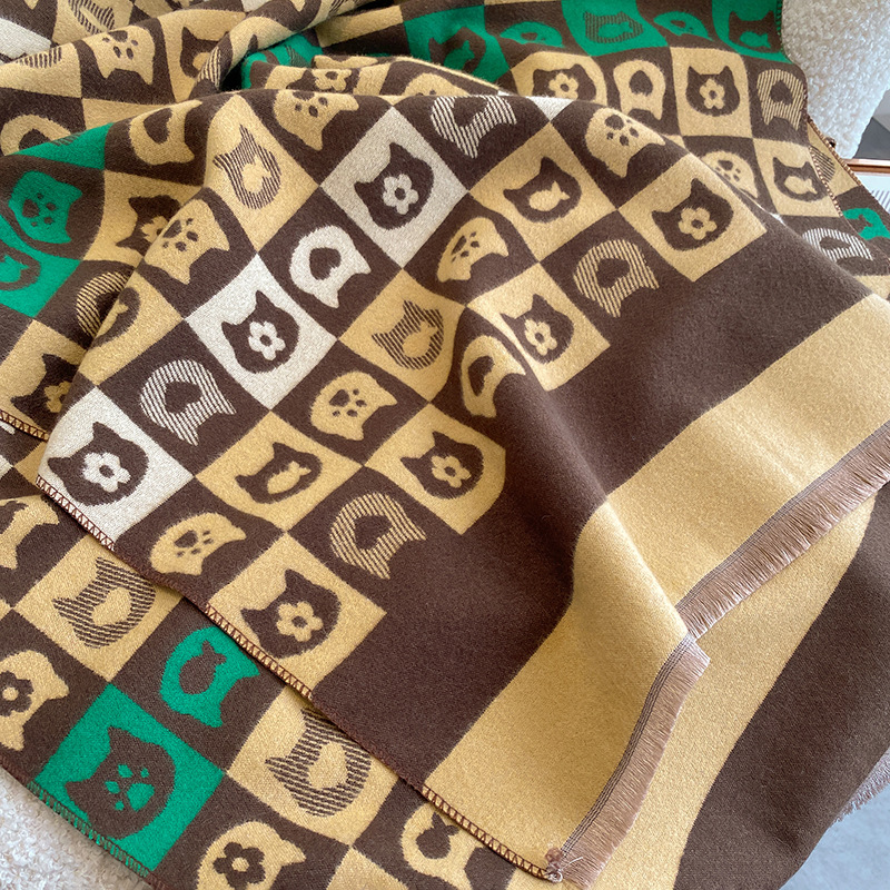Sciarpa calda in cashmere alla moda coreana per le donne in inverno, sciarpa carina con gatto studentesco a doppia faccia,_voghion.com