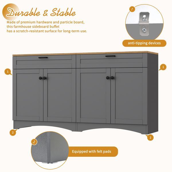ON-TREND Farmhouse TV Stand With 2 Drawers For TVs Up To 70', Versatile Wood Grain Sideboard With Adjustable Shelves, Mid-Century Buffet Cabinet Wit_voghion.com