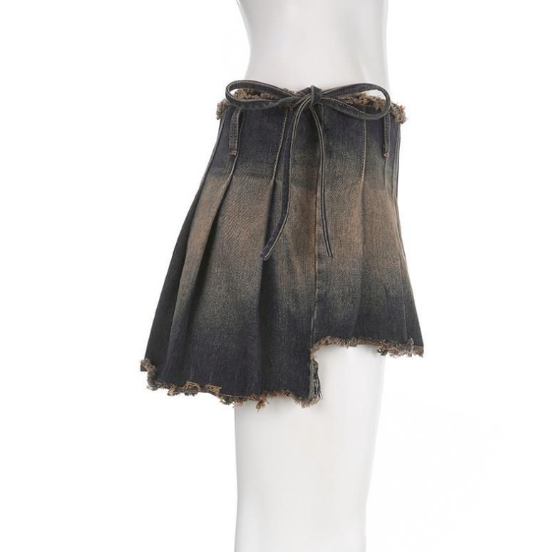 Falda vaquera retro con correa de cintura alta, Falda plisada irregular de una pieza, chica sexy súper corta_voghion.com