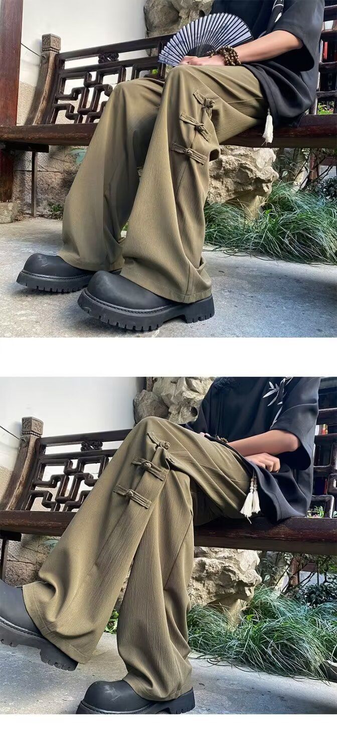 New Chinese style button up for men's summer new high-end feeling, sagging and loose fitting straight wide leg casual_voghion.com