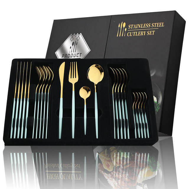 Set de tacâmuri aurite cu mâner negru, 24 buc, cuțit din oțel inoxidabil, furculiță, linguriță, set de tacâmuri, pentru festival, pentru bucătărie, cadou_voghion.com