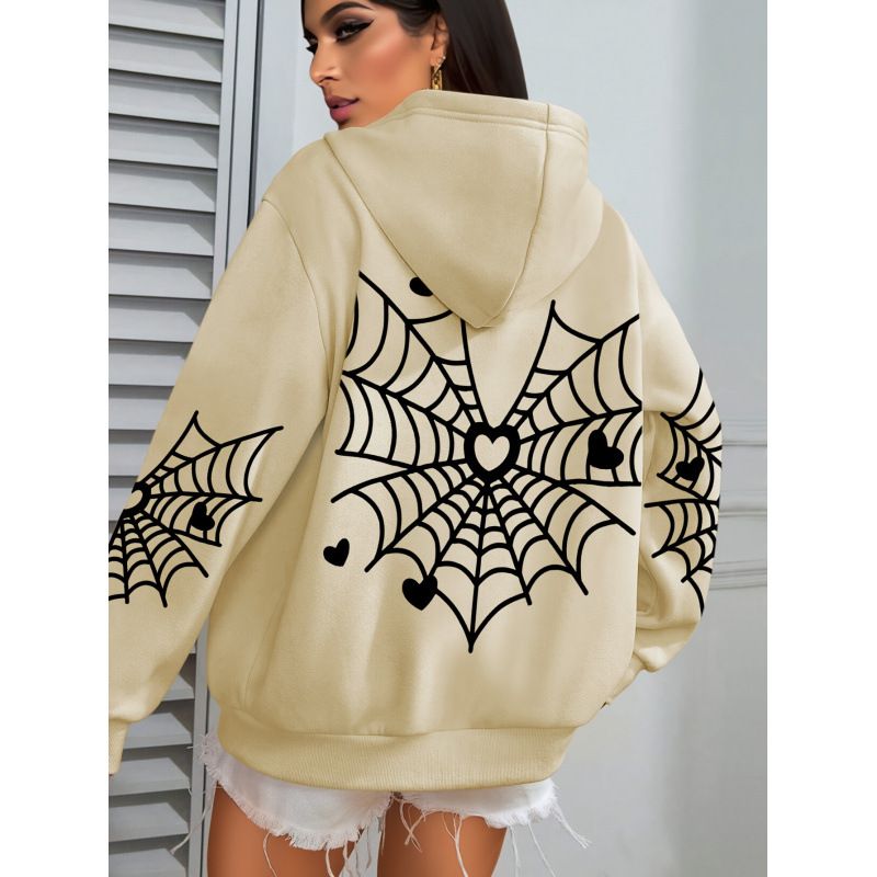 Spider Web Print Kangaroo Pocket Hoodie, Casual Long Sleeve Drawstring Hoodie Spring Autumn Sports_voghion.com