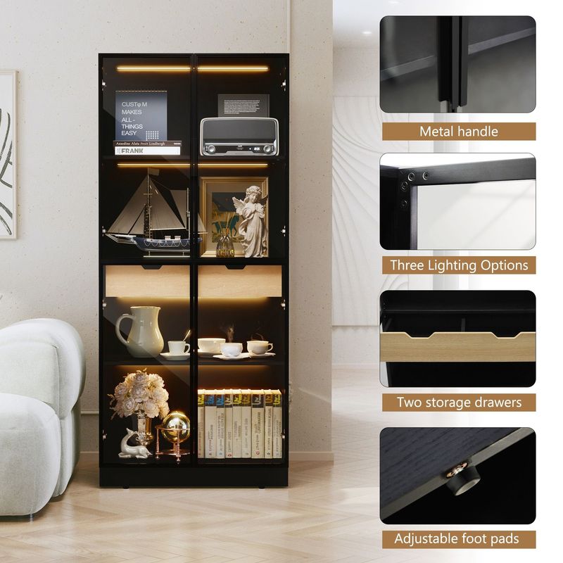 Display Cabinet With Glass Doors, Tall Storage Cabinet With 3 Color Lights, Curio Display Case With 4-Tier Storage Shelves And Drawer For Collectibles, Living Room, Home Office_voghion.com