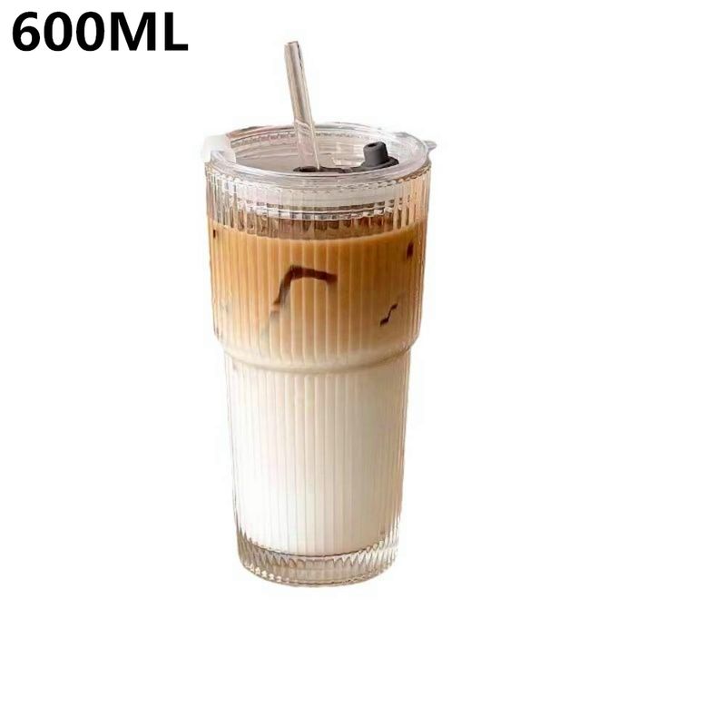 600ML Stripe Glass Coffee Cup With Straw Lid For Milk Tea Juice Breakfast Mugs Drinkware Travel Drinking Water Bottle Ho_voghion.com