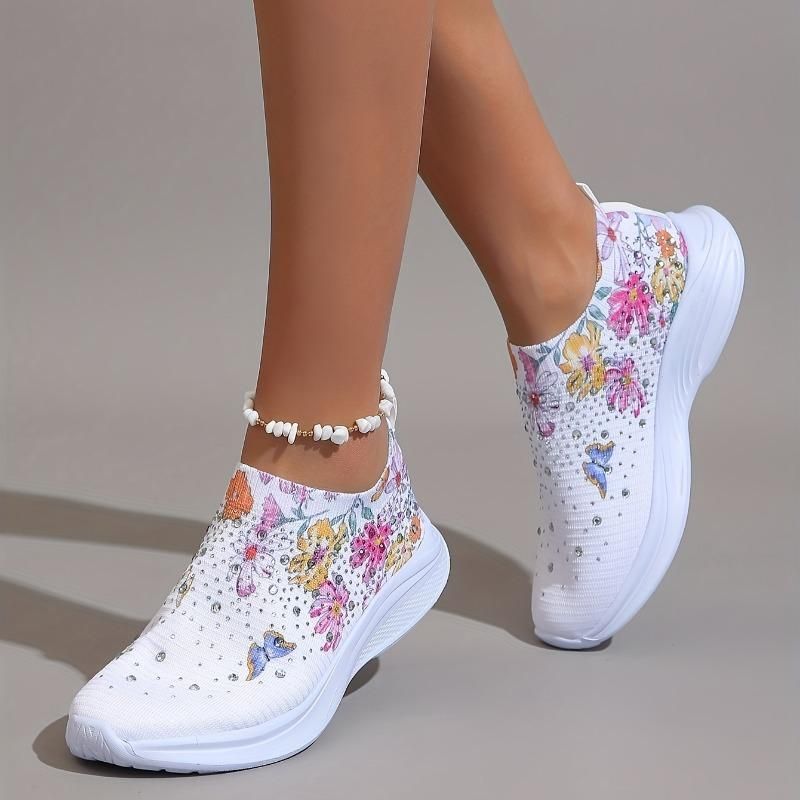 Sneakers slip-on da donna CMY con decorazioni in strass e stampa floreale e a farfalla - Scarpe da corsa traspiranti in maglia_voghion.com