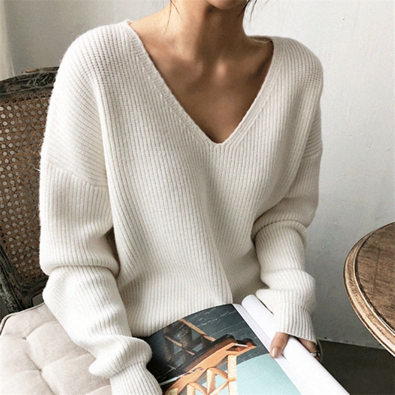 Damenbekleidung 2024 Herbst und Winter V-Ausschnitt Langarm lockerer Lazy-Style Pullover mit einfachem Saum Strickpullover Pullover mit Bodenbildung Damentrend_voghion.com