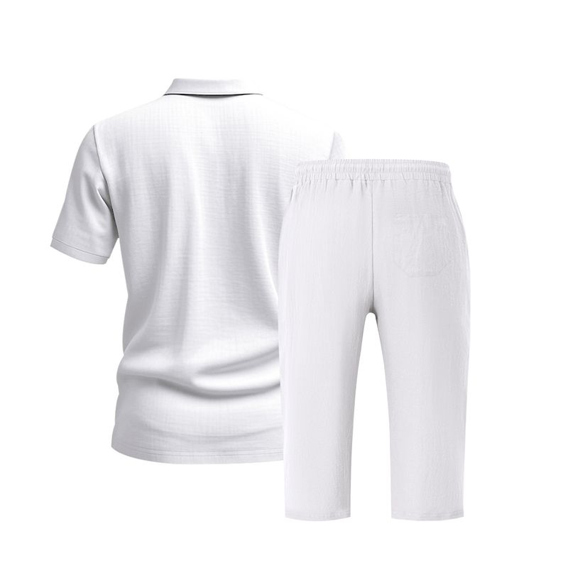 Polo da uomo estivo, casual, ampio, traspirante, in lino, con maniche corte e pantaloni a sette quarti_voghion.com