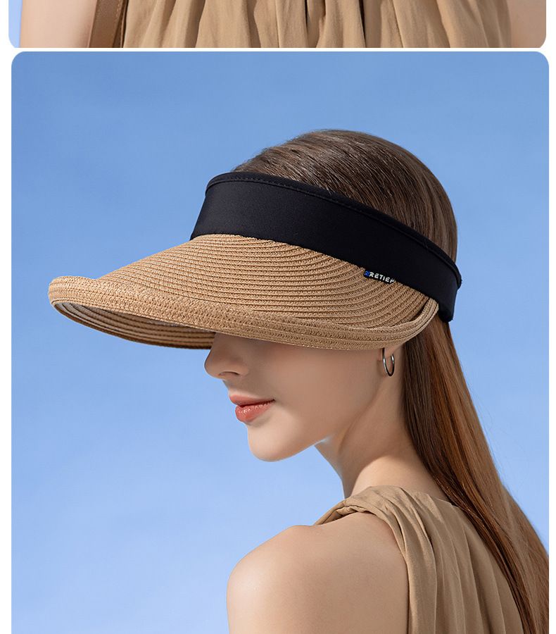 Cappello di paglia con protezione solare da donna, estivo, alla moda, con giunture, con parte superiore vuota_voghion.com