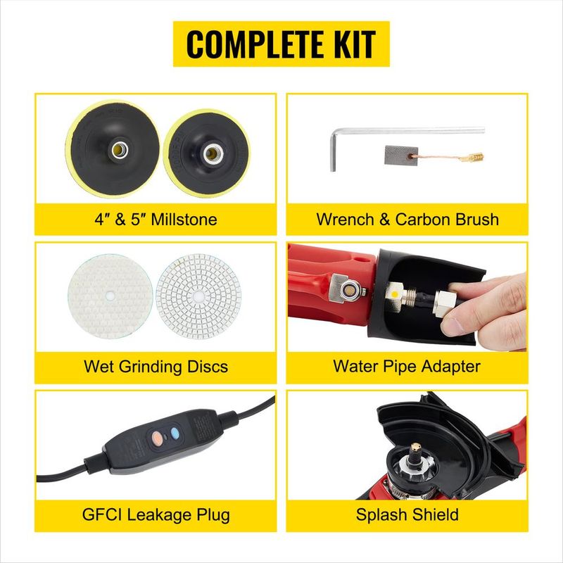 VEVOR Wet Polisher Grinder, Variable Speed 4" & 5" Diamond Polishing Pads, Buffing Machine With 78.7" Water Pipe Adapter & Splash Shield, Electronic Concrete Stone For Title Floor Countertop CE_voghion.com