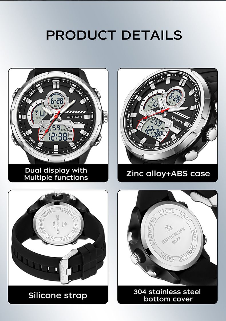 Men's Sport Watch With Dual Time, Stopwatch, Alarm & Waterproof - Digital Analog Display, Silicone Strap, 50m Water Resistance Men's Watch_voghion.com