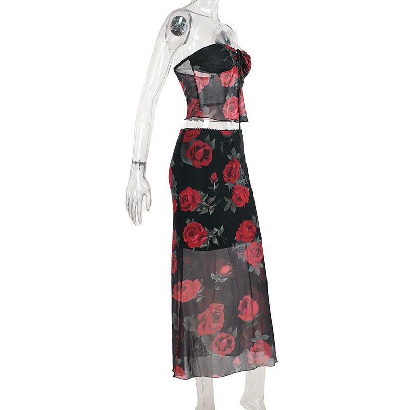 Women's Clothing Fashion Mesh Printed Tube Top Skirt Suit Summer New Slim Fit_voghion.com