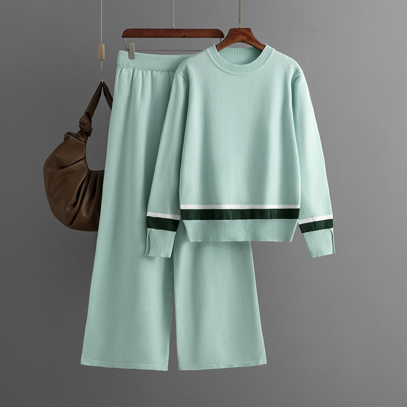 Damen-Anzug in großer Größe, modisch, lässig, Rundhalsausschnitt, lange Ärmel, Schlitz, Farbe, hohe Taille, Freizeithose_voghion.com