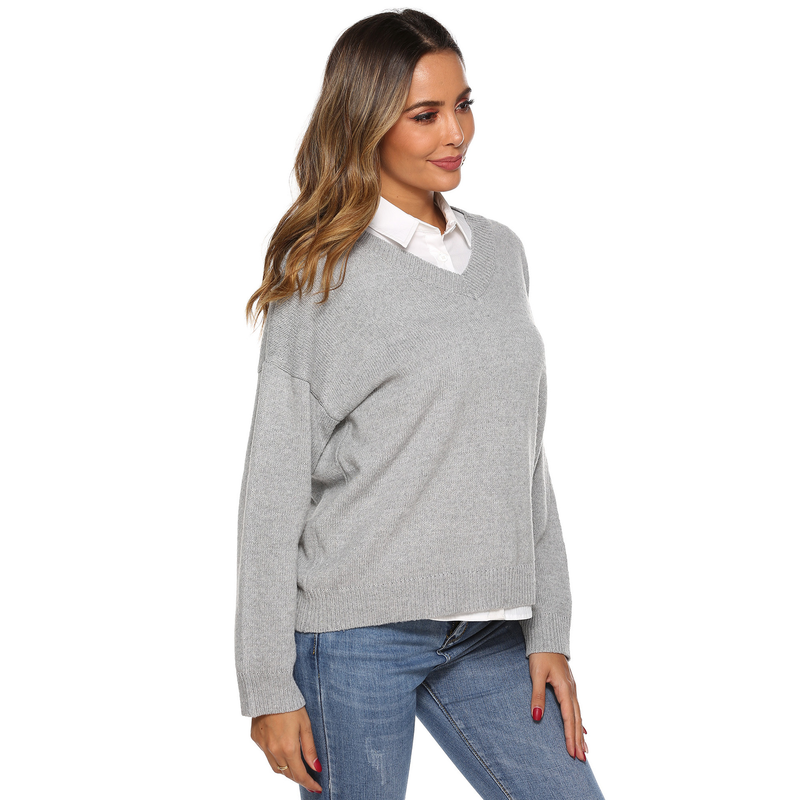 Pull ample à col en v tissé simple pour femme, couleur unie, haut chaud_voghion.com