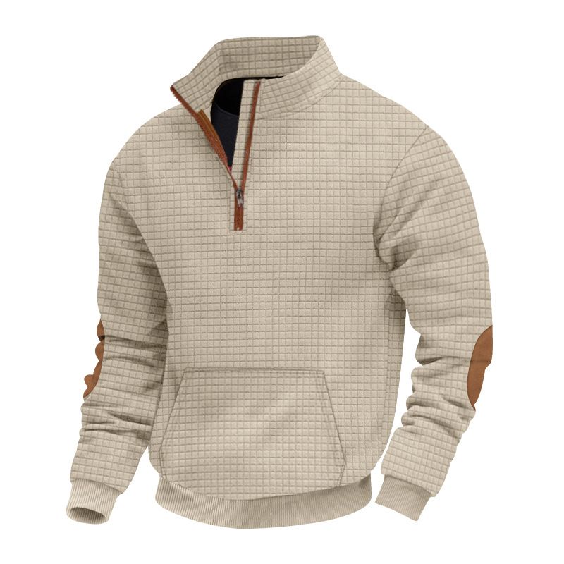 American Style Autumn Winter Men's Casual Sweatshirt Jacquard Small Square Embroidery Patchwork Stand Collar Loose Top_voghion.com
