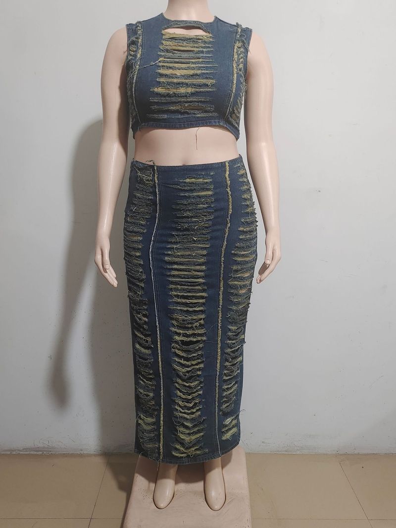 Dameskleding Dames Denim Pakken Dameskleding Trend Persoonlijkheid Handgedragen Vest Split Denim Rok_voghion.com