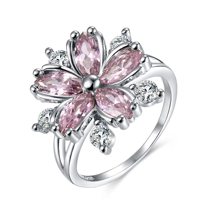 Moda Romantica ed Elegante Anello di Nozze in Zircone a Forma di Fiore di Ciliegio Squisito Gioielli da Donna in Argento_voghion.com