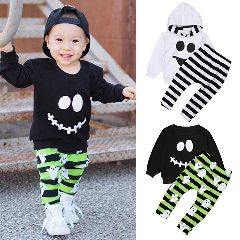Completo a due pezzi a maniche lunghe con stampa di faccine sorridenti di Halloween per bambini - Felpa con cappuccio e pantaloni in cotone a righe per bambini piccoli (80-120 cm)_voghion.com