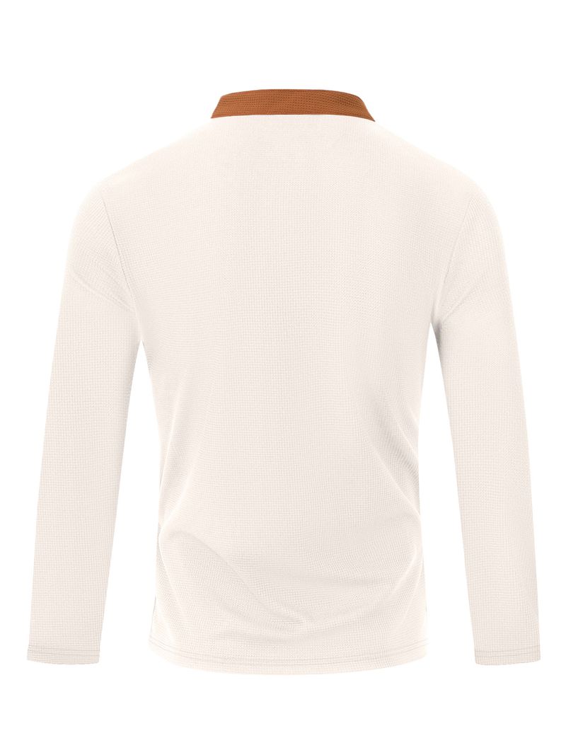 Herrenbekleidung Herren-T-Shirt mit langen Ärmeln im Waffelstrick-Stil – Lässiger brauner Farbblock mit Kordelzugdetail_voghion.com