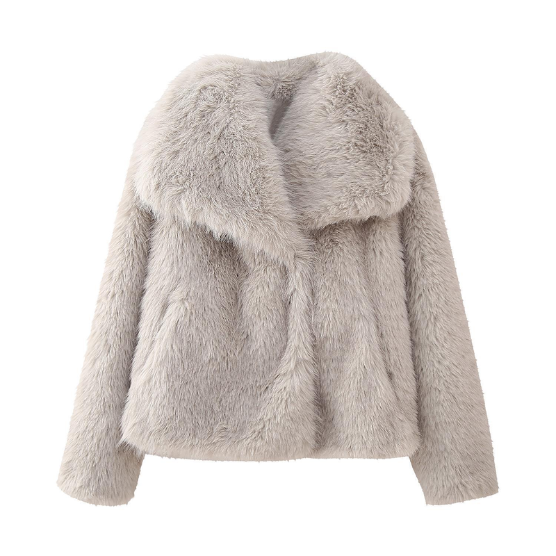 Jaqueta curta feminina com efeito de pele artificial para inverno_voghion.com
