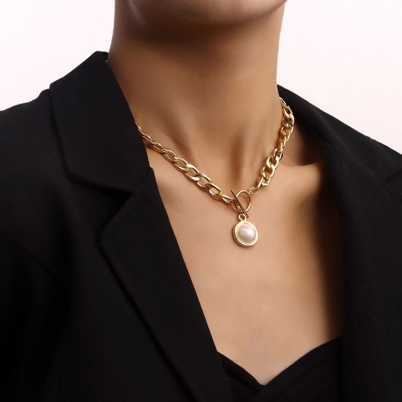 Collana con ciondolo a forma di perla, semplice, con catena cubana spessa e fibbia OT, per donna, stile punk, trendy._voghion.com